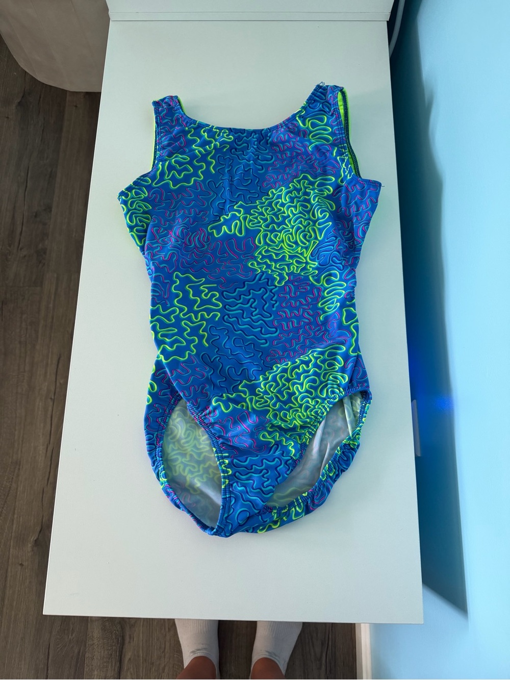 Motionwear Blue One-Piece Leotard with Neon Green & Purple Pattern